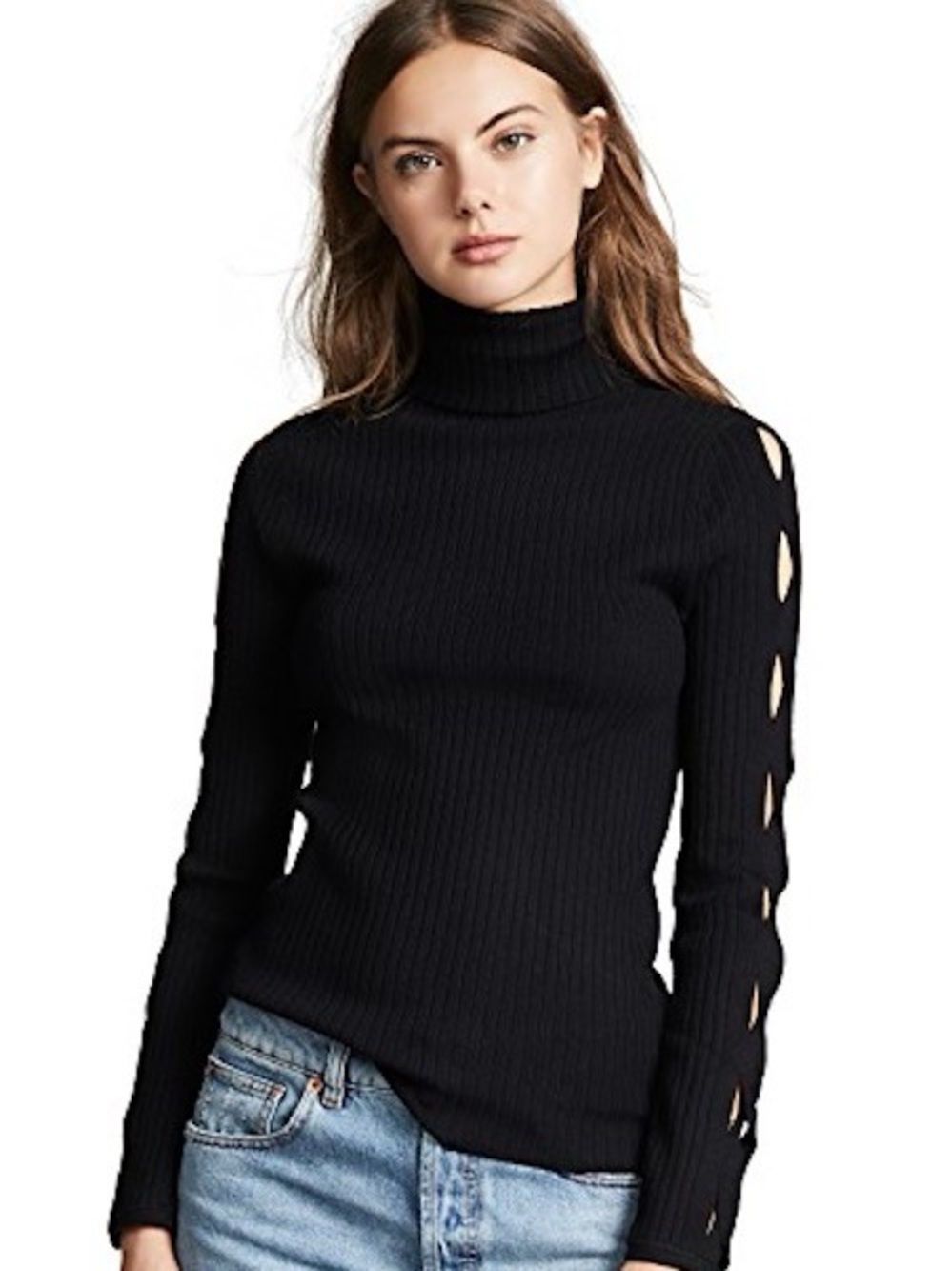Ramy Brook Black Turtleneck Ribbed Lace Up Sleeve Sweater Large Cashmere Blend